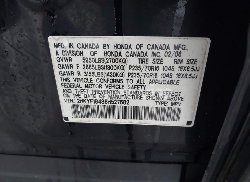 Photo 9 of 2006 Honda Pilot EX (VIN 2HKYF18486H527682)