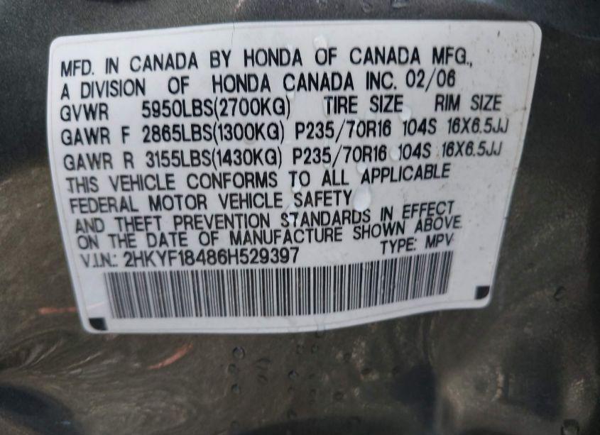 Photo 9 of 2006 Honda Pilot EX (VIN 2HKYF18486H529397)