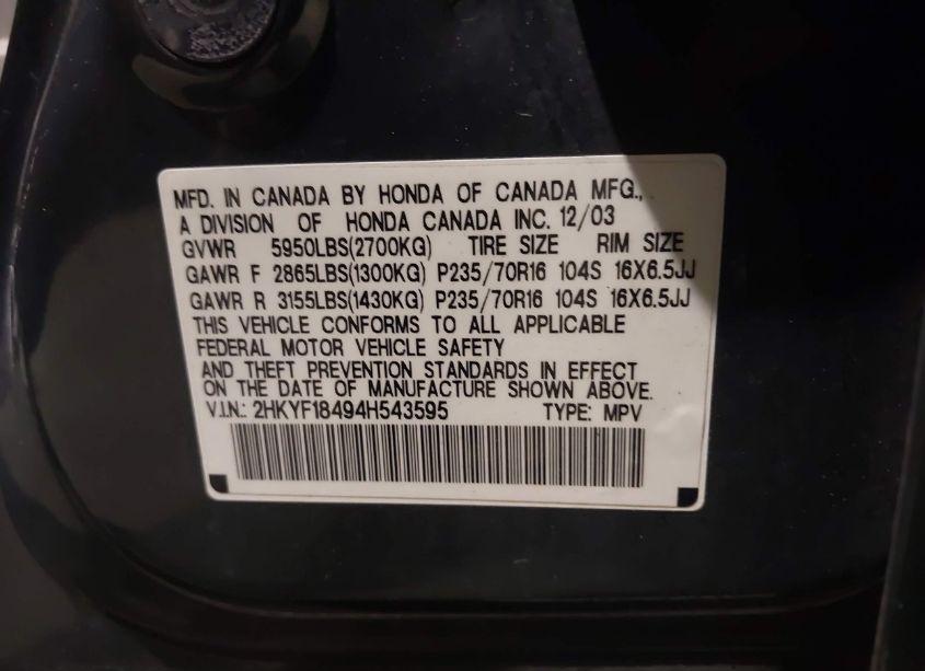 Photo 9 of 2004 Honda Pilot EX (VIN 2HKYF18494H543595)