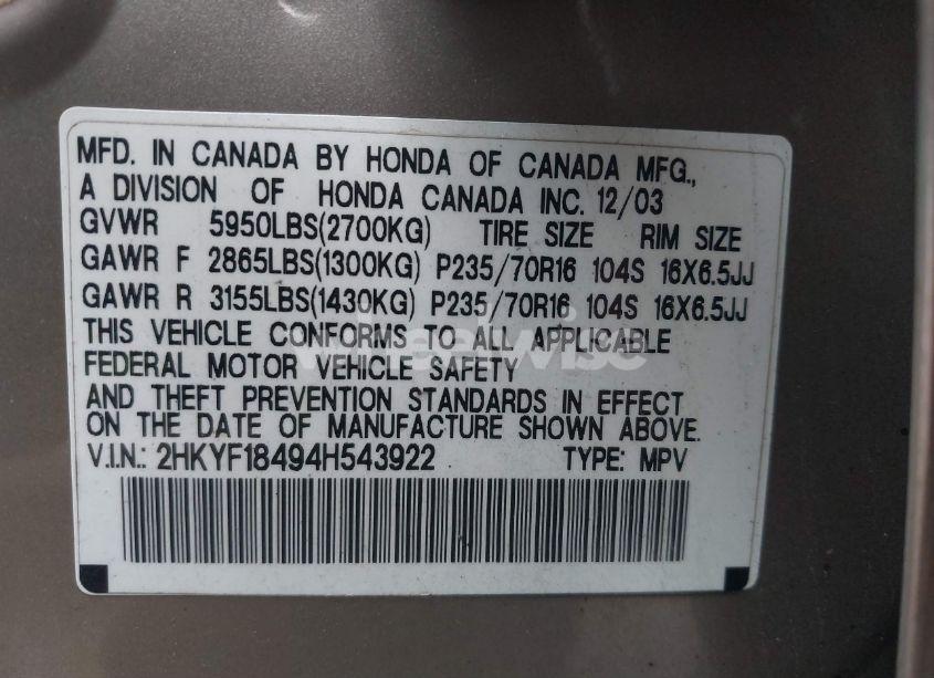 Photo 9 of 2004 Honda Pilot EX (VIN 2HKYF18494H543922)