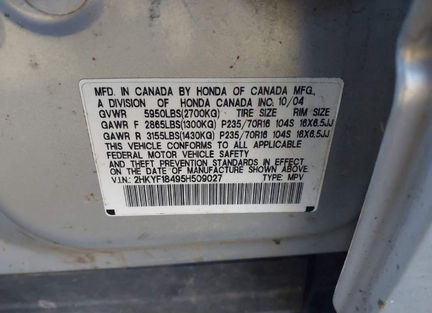 Photo 9 of 2005 Honda Pilot EX (VIN 2HKYF18495H509027)