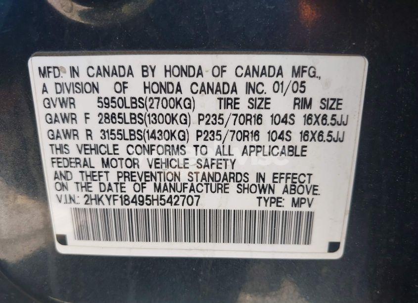 Photo 9 of 2005 Honda Pilot EX (VIN 2HKYF18495H542707)