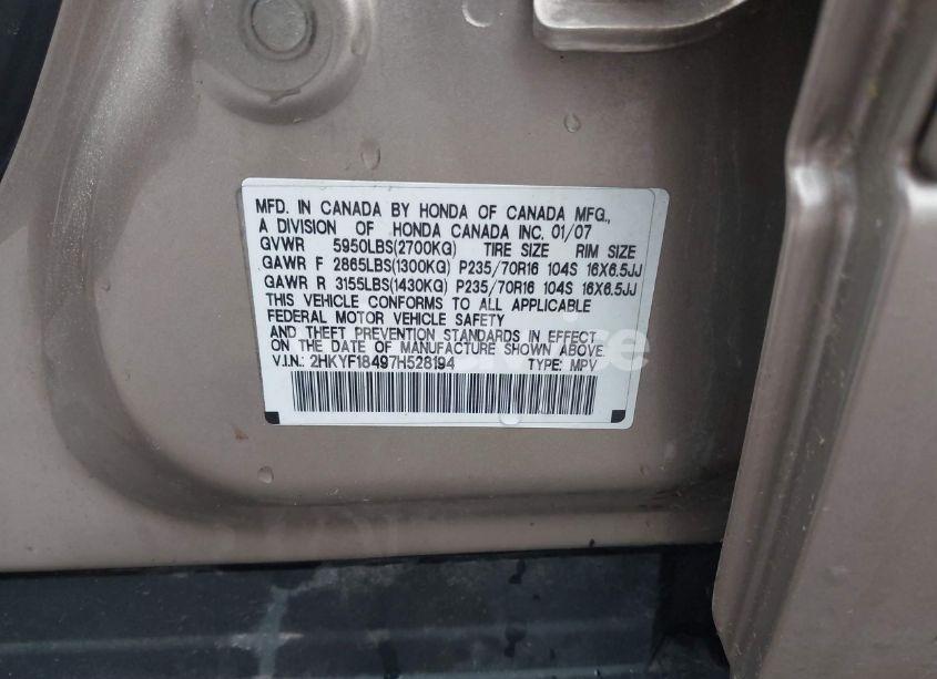 Photo 9 of 2007 Honda Pilot EX (VIN 2HKYF18497H528194)