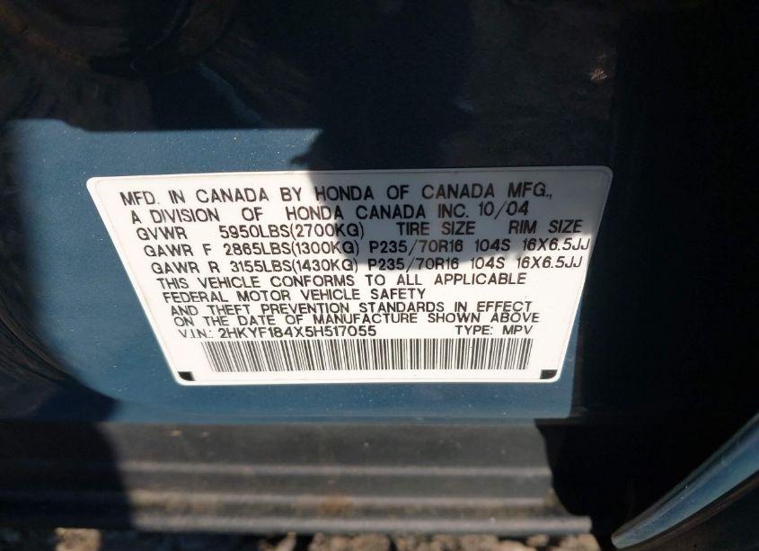 Photo 9 of 2005 Honda Pilot EX (VIN 2HKYF184X5H517055)