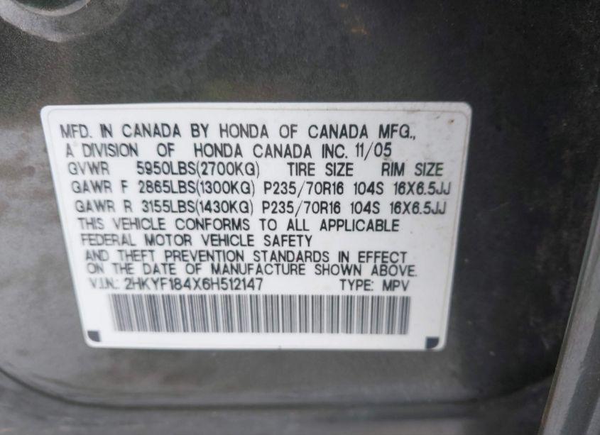 Photo 9 of 2006 Honda Pilot EX (VIN 2HKYF184X6H512147)