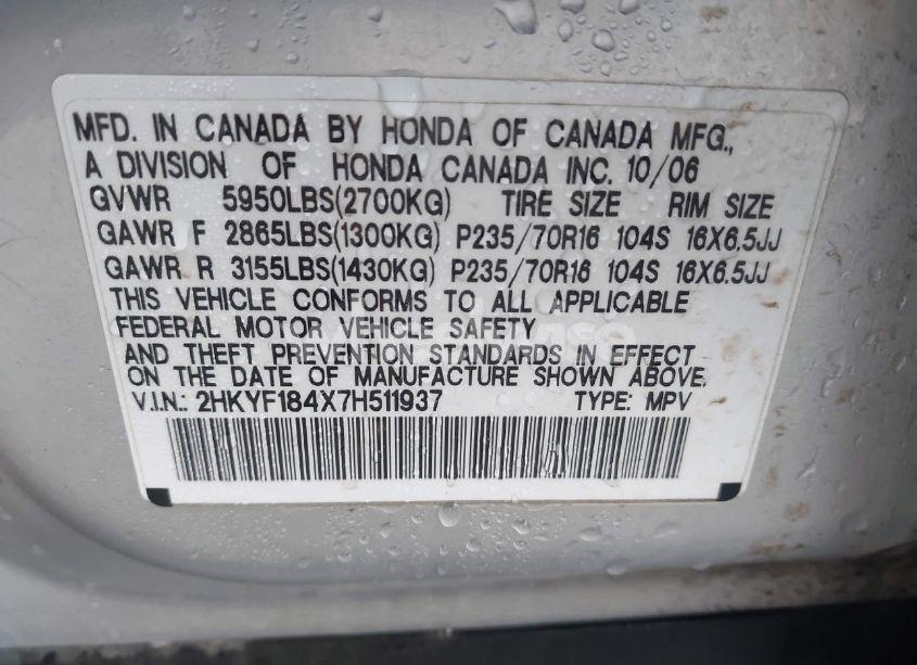 Photo 9 of 2007 Honda Pilot EX (VIN 2HKYF184X7H511937)