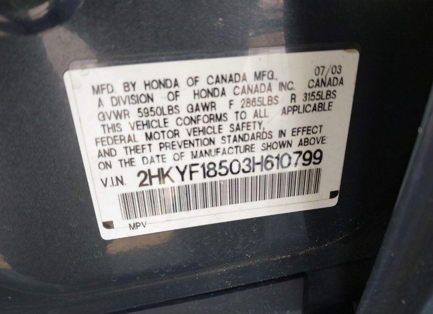 Photo 9 of 2003 Honda Pilot EX-L (VIN 2HKYF18503H610799)