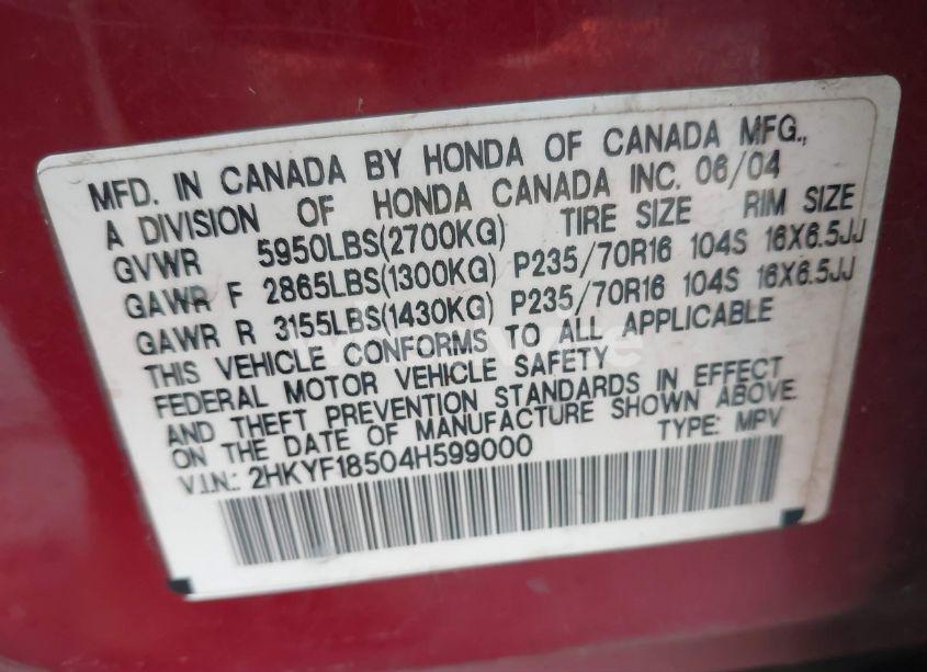 Photo 9 of 2004 Honda Pilot EX-L (VIN 2HKYF18504H599000)