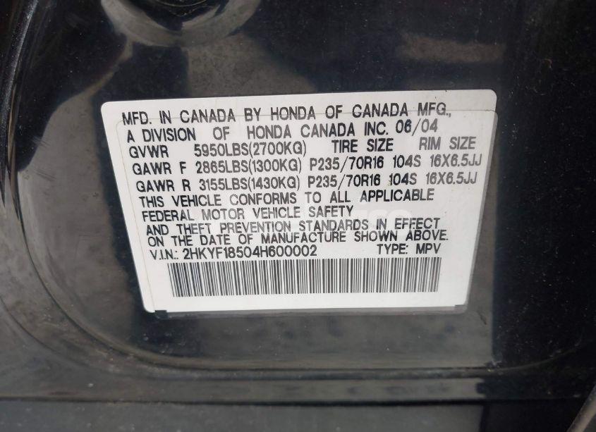 Photo 9 of 2004 Honda Pilot EX-L (VIN 2HKYF18504H600002)