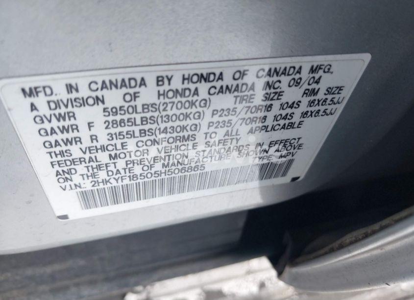 Photo 9 of 2005 Honda Pilot EX-L (VIN 2HKYF18505H506865)