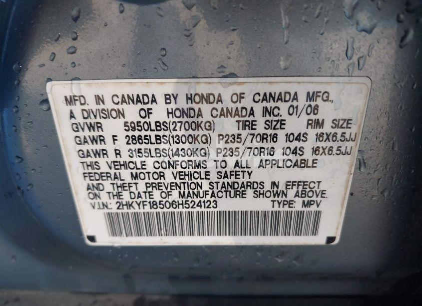 Photo 9 of 2006 Honda Pilot EX-L (VIN 2HKYF18506H524123)