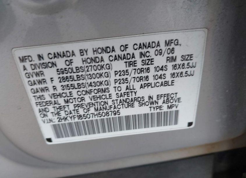 Photo 9 of 2007 Honda Pilot EX-L (VIN 2HKYF18507H508795)