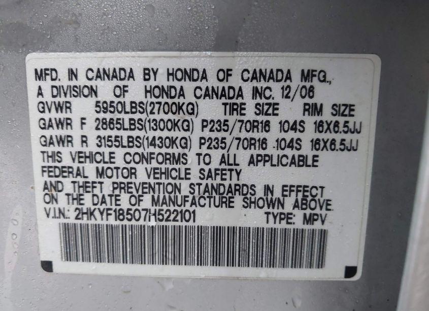 Photo 9 of 2007 Honda Pilot EX-L (VIN 2HKYF18507H522101)