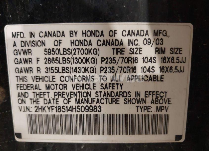 Photo 9 of 2004 Honda Pilot EX-L (VIN 2HKYF18514H509983)