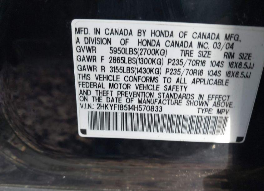 Photo 9 of 2004 Honda Pilot EX-L (VIN 2HKYF18514H570833)