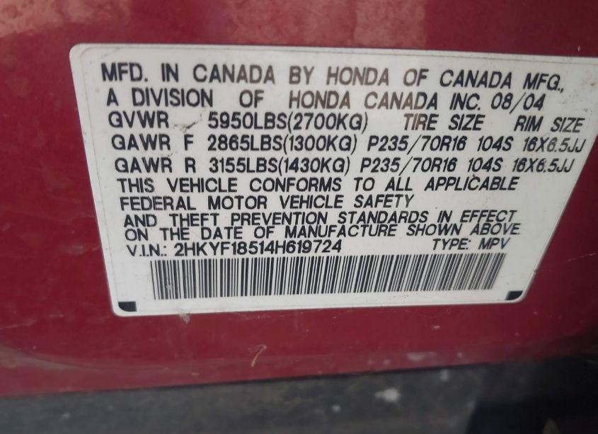 Photo 9 of 2004 Honda Pilot EX-L (VIN 2HKYF18514H619724)