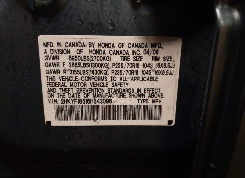 Photo 9 of 2006 Honda Pilot EX-L (VIN 2HKYF18516H543098)