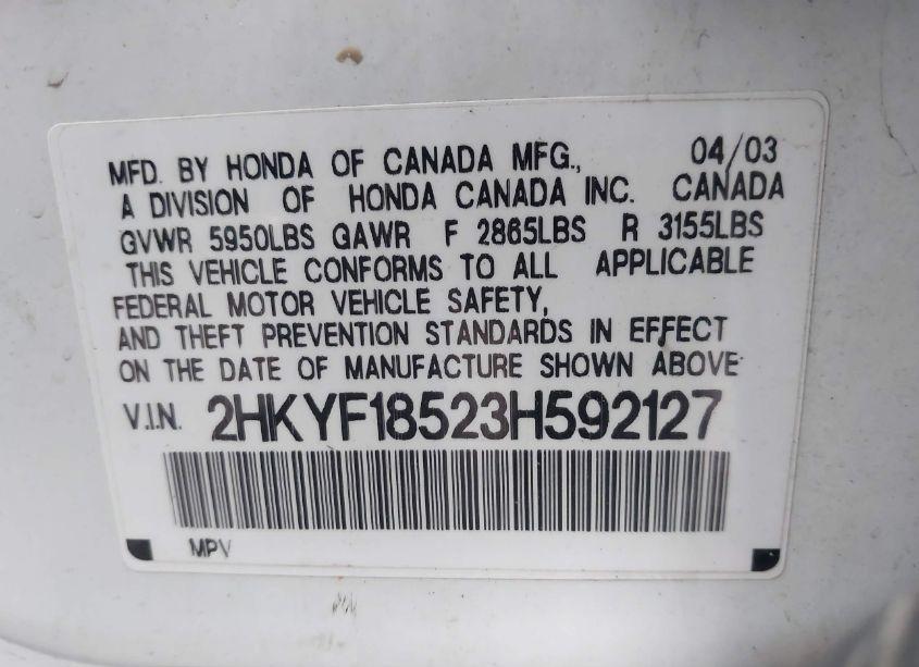 Photo 9 of 2003 Honda Pilot EX-L (VIN 2HKYF18523H592127)
