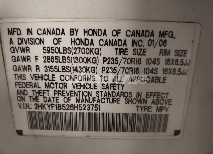 Photo 9 of 2006 Honda Pilot EX-L (VIN 2HKYF18526H523751)