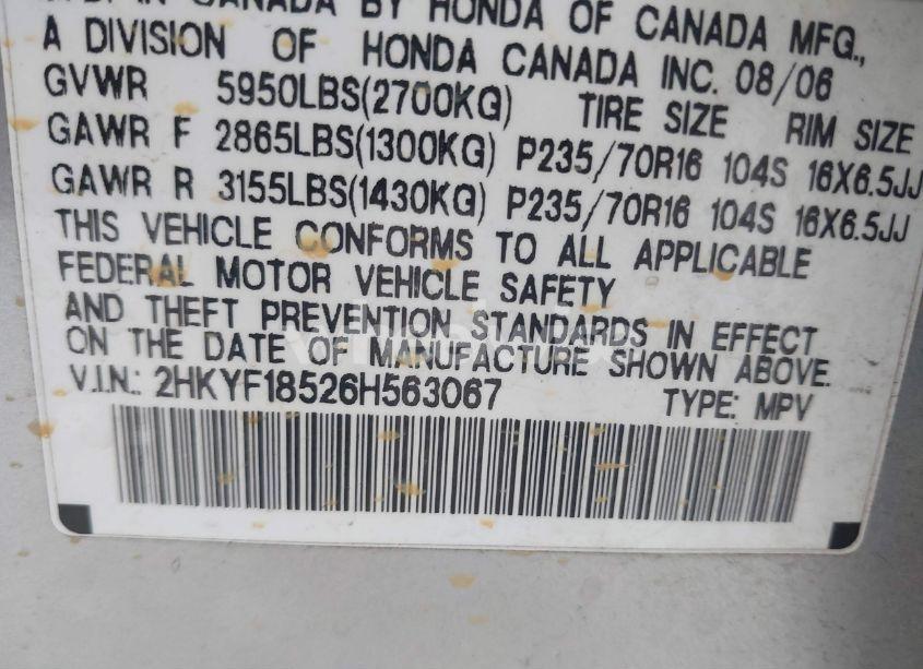 Photo 9 of 2006 Honda Pilot EX-L (VIN 2HKYF18526H563067)