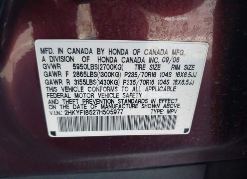 Photo 9 of 2007 Honda Pilot EX-L (VIN 2HKYF18527H505977)