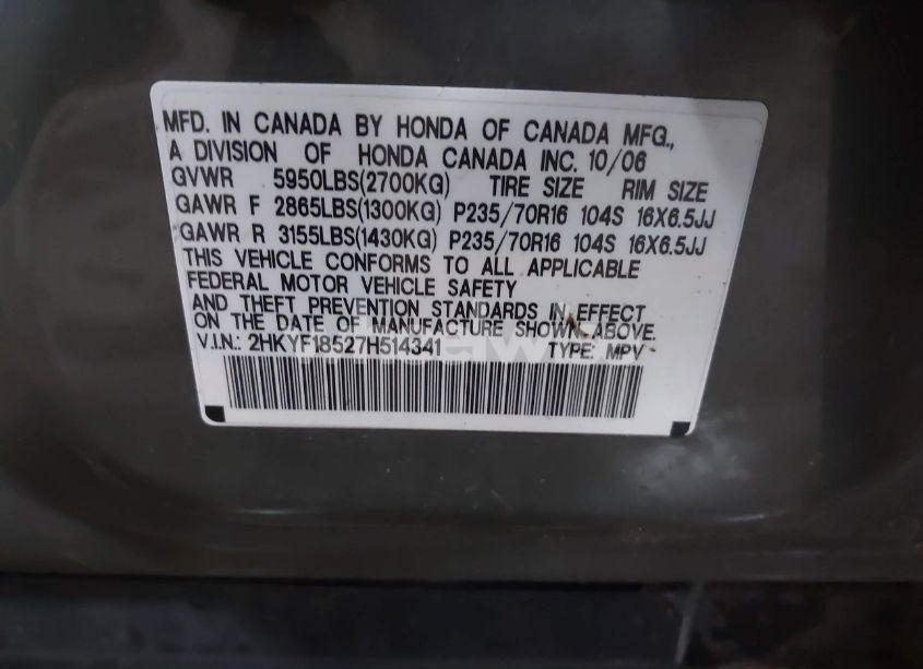 Photo 9 of 2007 Honda Pilot EX-L (VIN 2HKYF18527H514341)