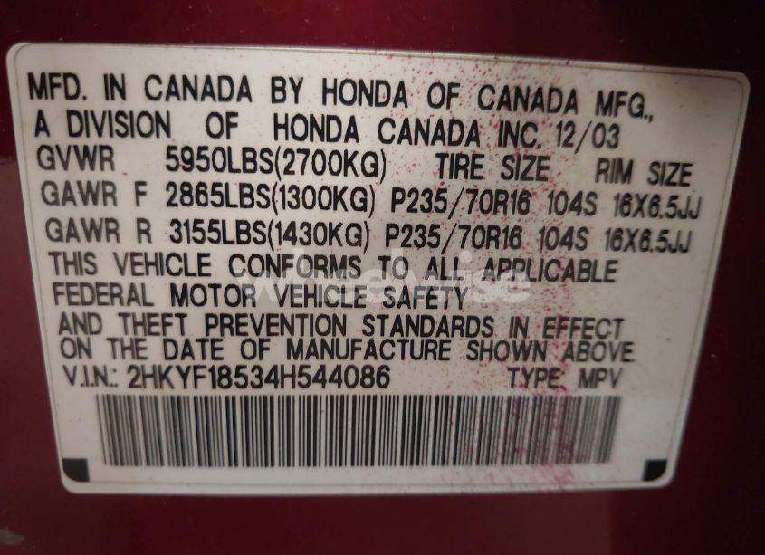 Photo 9 of 2004 Honda Pilot EX-L (VIN 2HKYF18534H544086)