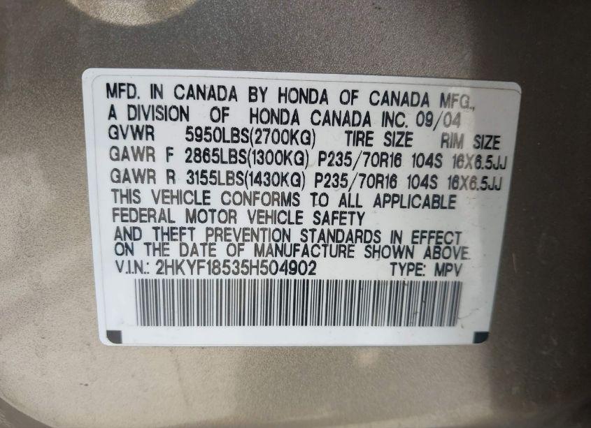 Photo 9 of 2005 Honda Pilot EX-L (VIN 2HKYF18535H504902)