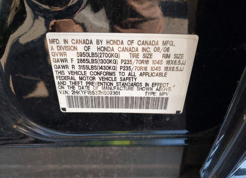 Photo 9 of 2007 Honda Pilot EX-L (VIN 2HKYF18537H502361)