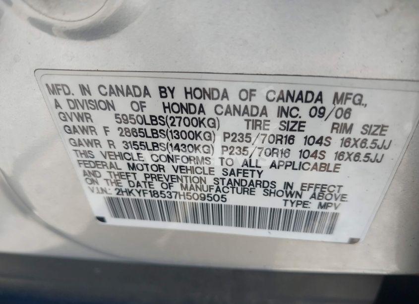 Photo 9 of 2007 Honda Pilot EX-L (VIN 2HKYF18537H509505)