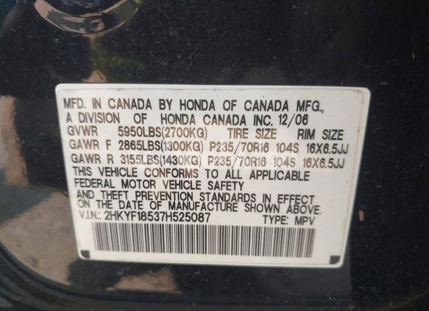 Photo 9 of 2007 Honda Pilot EX-L (VIN 2HKYF18537H525087)