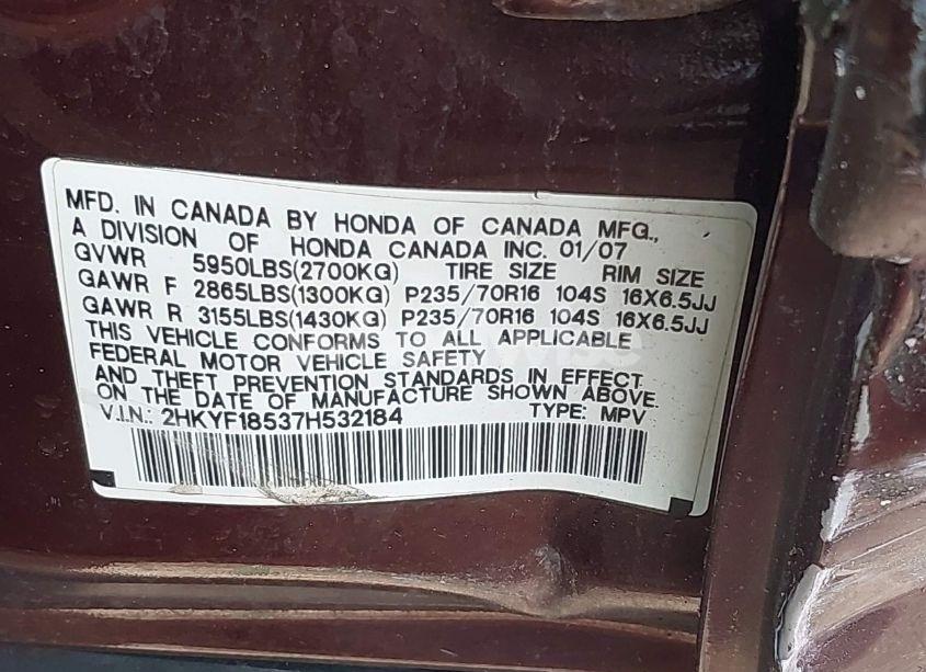 Photo 9 of 2007 Honda Pilot EX-L (VIN 2HKYF18537H532184)