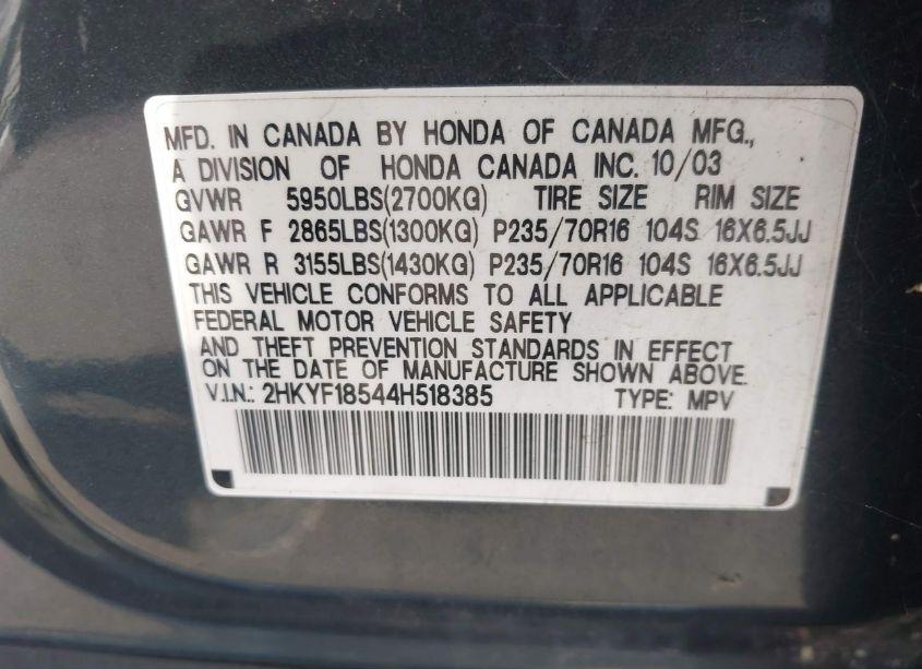 Photo 9 of 2004 Honda Pilot EX-L (VIN 2HKYF18544H518385)