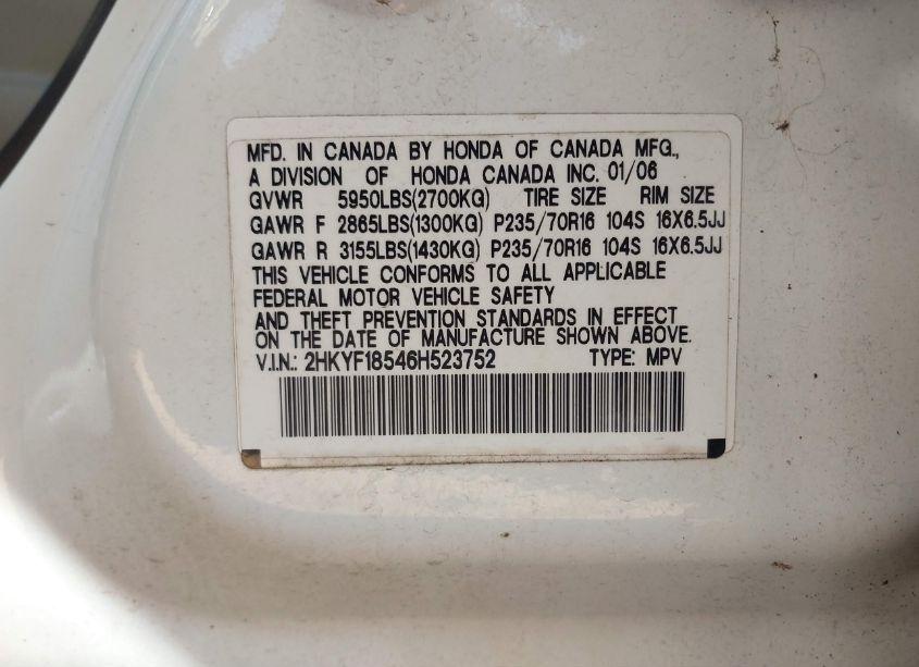 Photo 9 of 2006 Honda Pilot EX-L (VIN 2HKYF18546H523752)