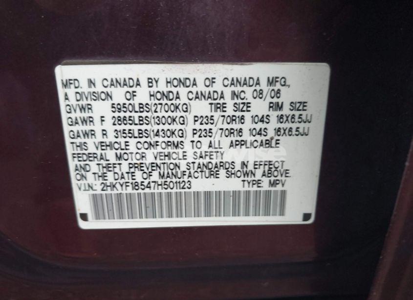 Photo 9 of 2007 Honda Pilot EX-L (VIN 2HKYF18547H501123)