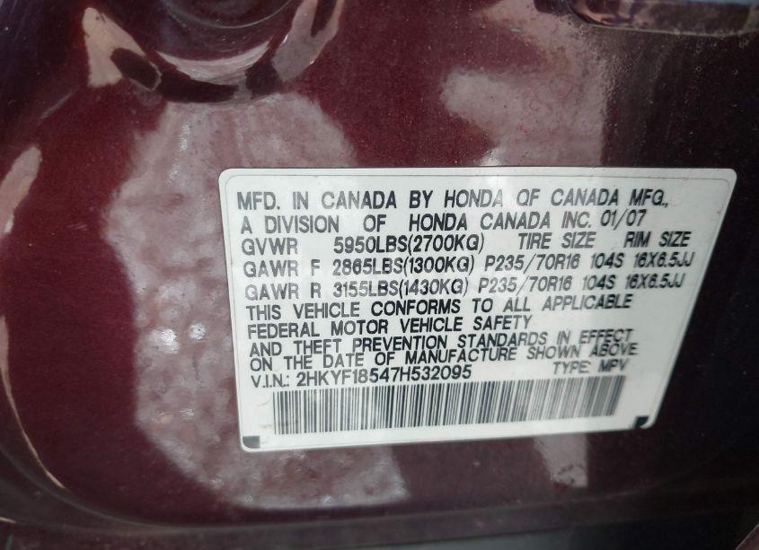 Photo 9 of 2007 Honda Pilot EX-L (VIN 2HKYF18547H532095)