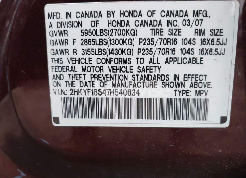 Photo 9 of 2007 Honda Pilot EX-L (VIN 2HKYF18547H540634)