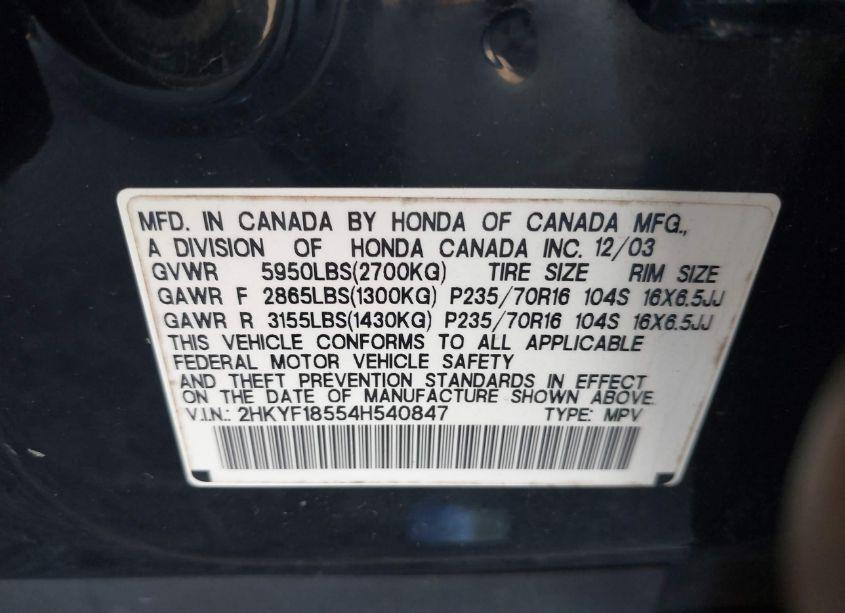 Photo 9 of 2004 Honda Pilot EX-L (VIN 2HKYF18554H540847)