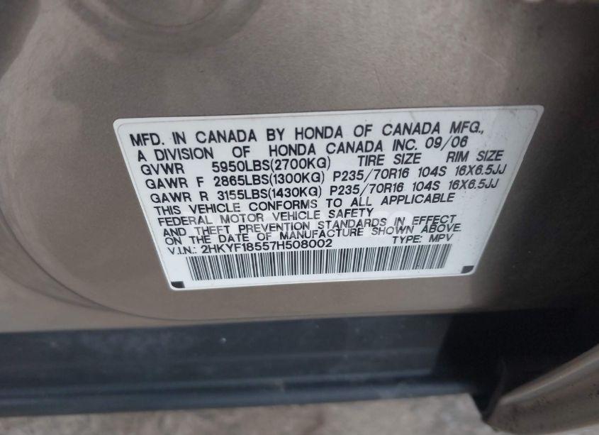 Photo 9 of 2007 Honda Pilot EX-L (VIN 2HKYF18557H508002)