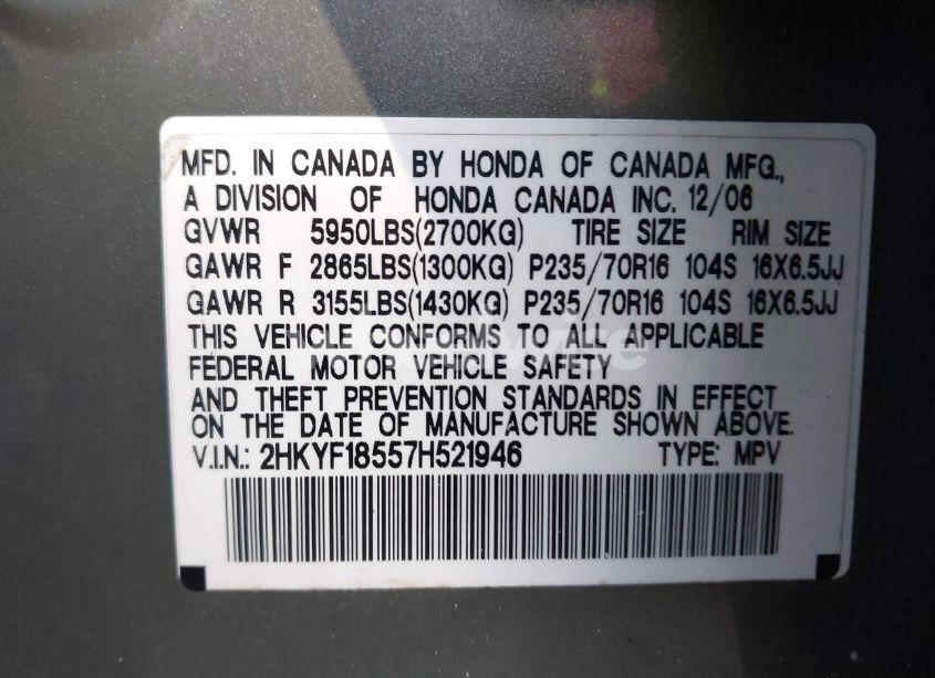 Photo 9 of 2007 Honda Pilot EX-L (VIN 2HKYF18557H521946)