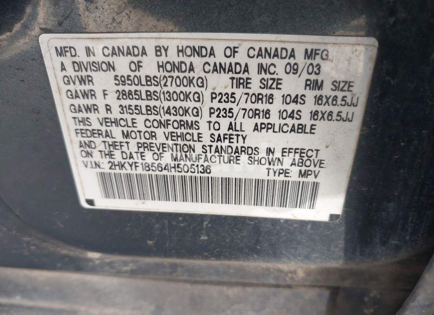 Photo 9 of 2004 Honda Pilot EX-L (VIN 2HKYF18564H505136)