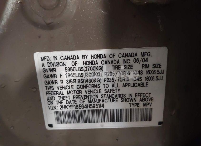 Photo 9 of 2004 Honda Pilot EX-L (VIN 2HKYF18564H595114)