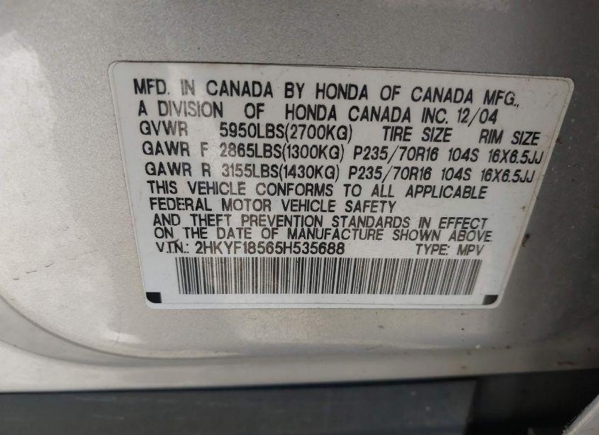 Photo 9 of 2005 Honda Pilot EX-L (VIN 2HKYF18565H535688)