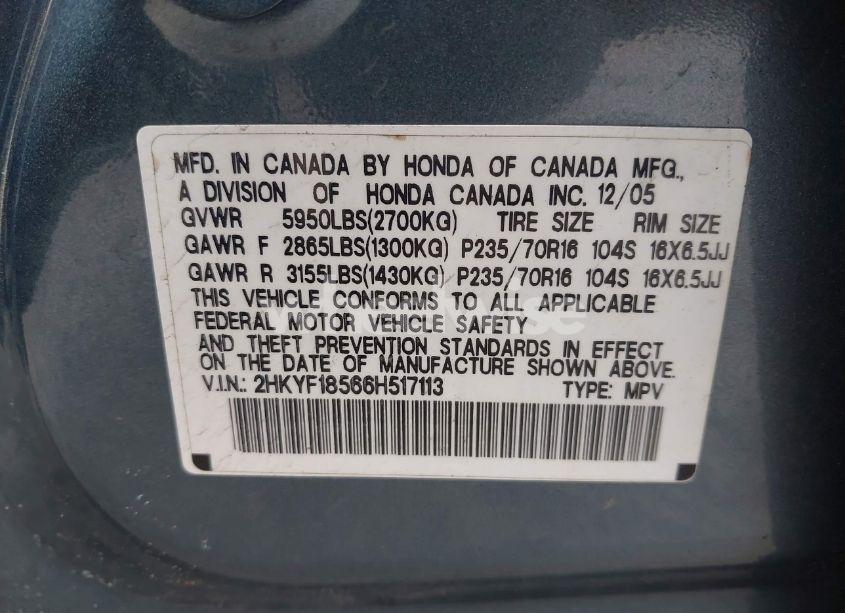 Photo 9 of 2006 Honda Pilot EX-L (VIN 2HKYF18566H517113)