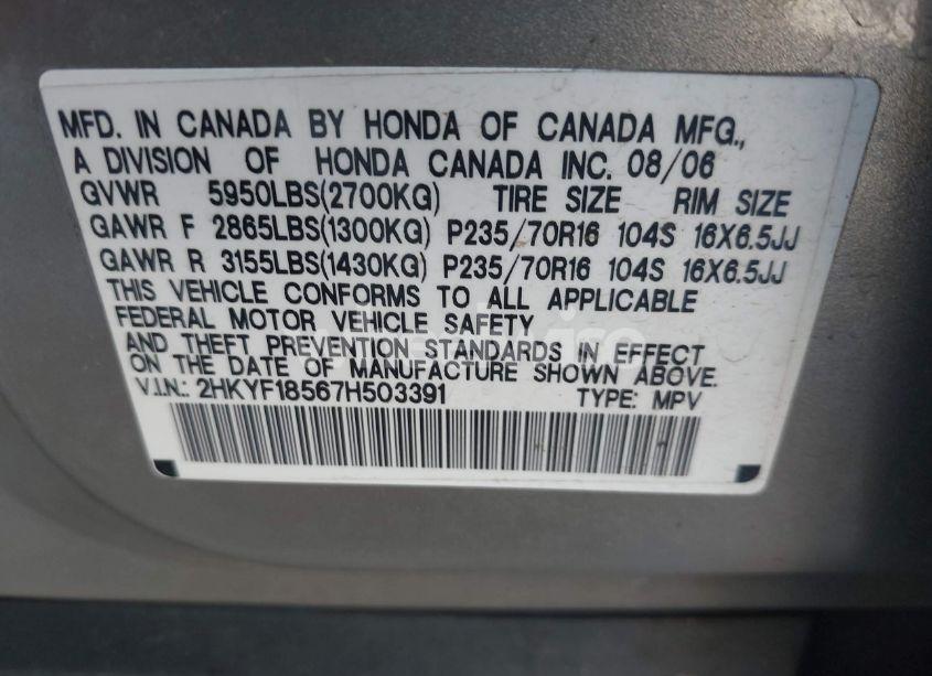 Photo 9 of 2007 Honda Pilot EX-L (VIN 2HKYF18567H503391)