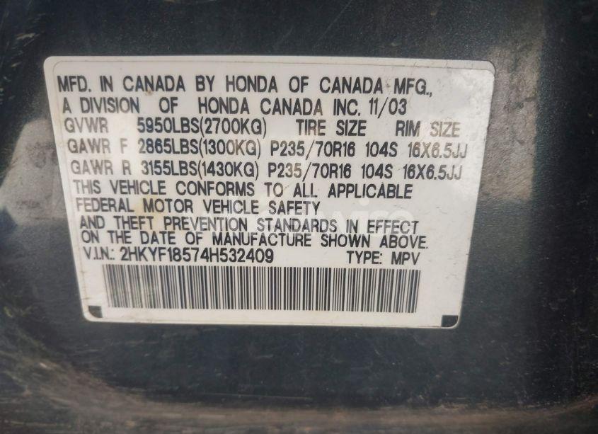 Photo 9 of 2004 Honda Pilot EX-L (VIN 2HKYF18574H532409)