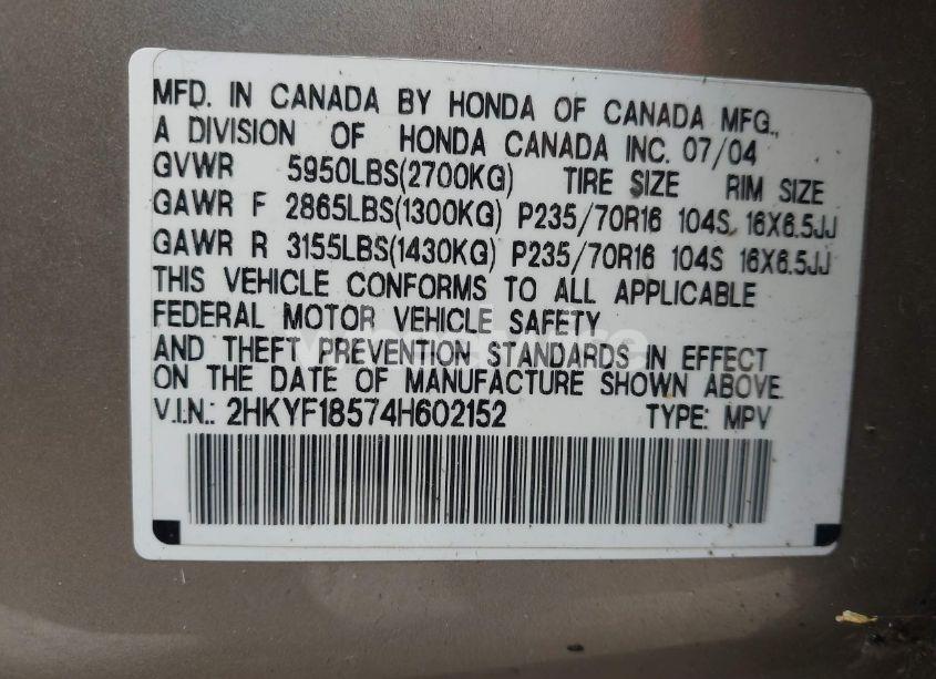 Photo 9 of 2004 Honda Pilot EX-L (VIN 2HKYF18574H602152)