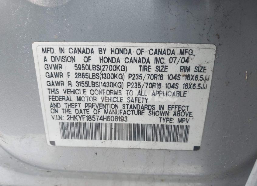 Photo 9 of 2004 Honda Pilot EX-L (VIN 2HKYF18574H608193)