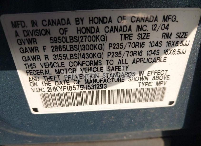 Photo 9 of 2005 Honda Pilot EX-L (VIN 2HKYF18575H531293)