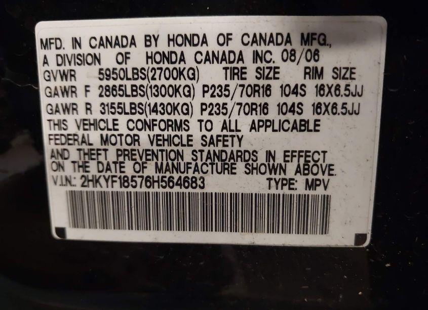 Photo 9 of 2006 Honda Pilot EX-L (VIN 2HKYF18576H564683)